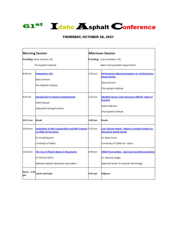 Program for the 61st Annual Idaho Asphalt Conference