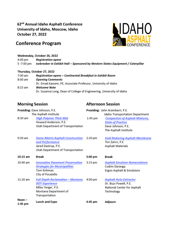 Program for the 62nd Annual Idaho Asphalt Conference