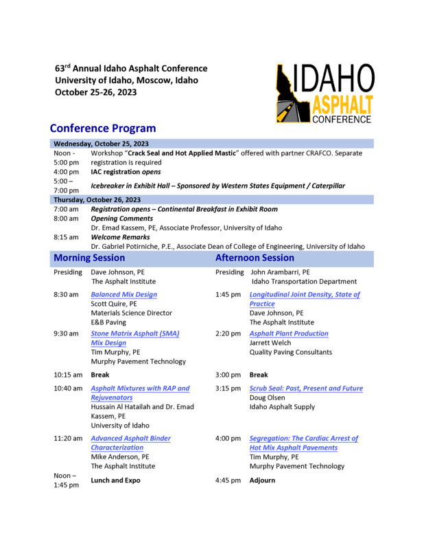 Program for the 63rd Annual Idaho Asphalt Conference