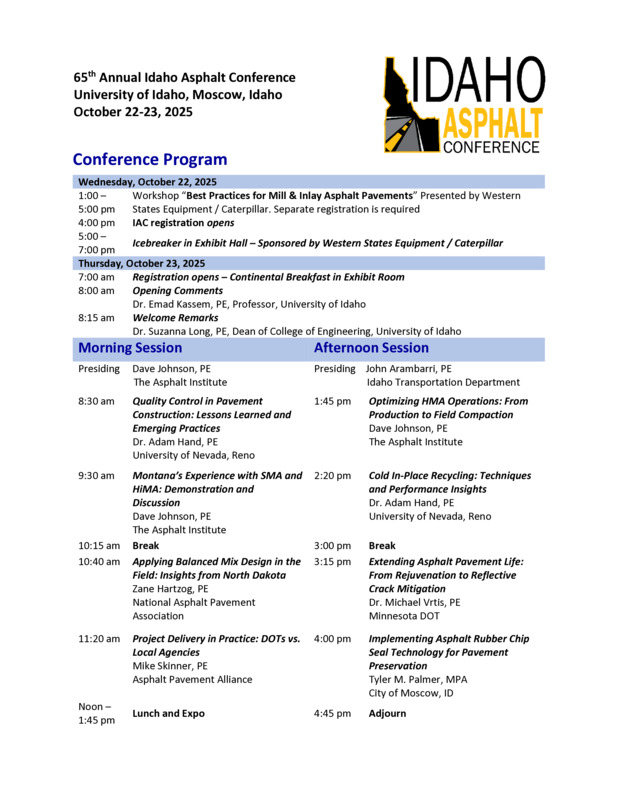 Program for the 65th Annual Idaho Asphalt Conference