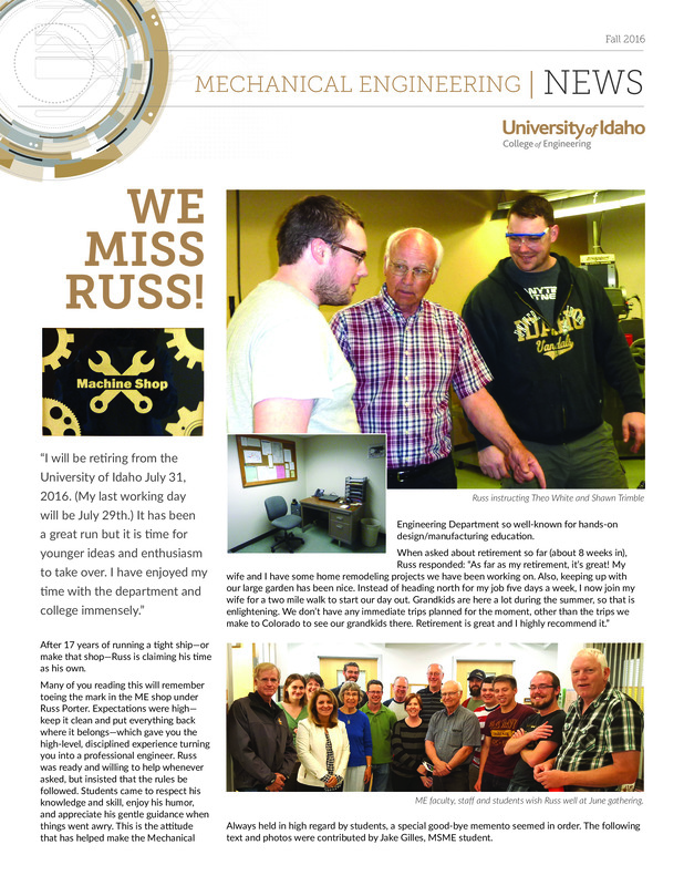 Fall 2016 newsletter from the University of Idaho College of Engineering's Department of Mechanical Engineering
