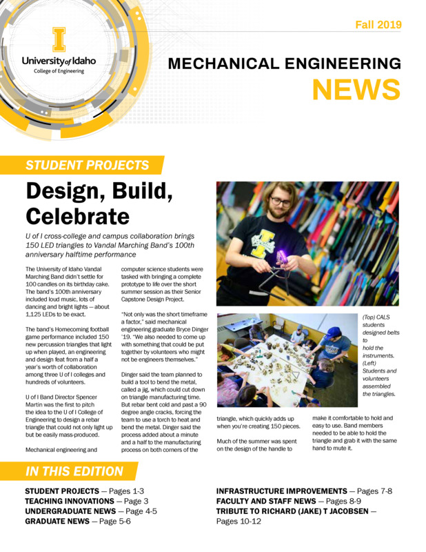 Fall 2019 newsletter from the University of Idaho College of Engineering's Department of Mechanical Engineering