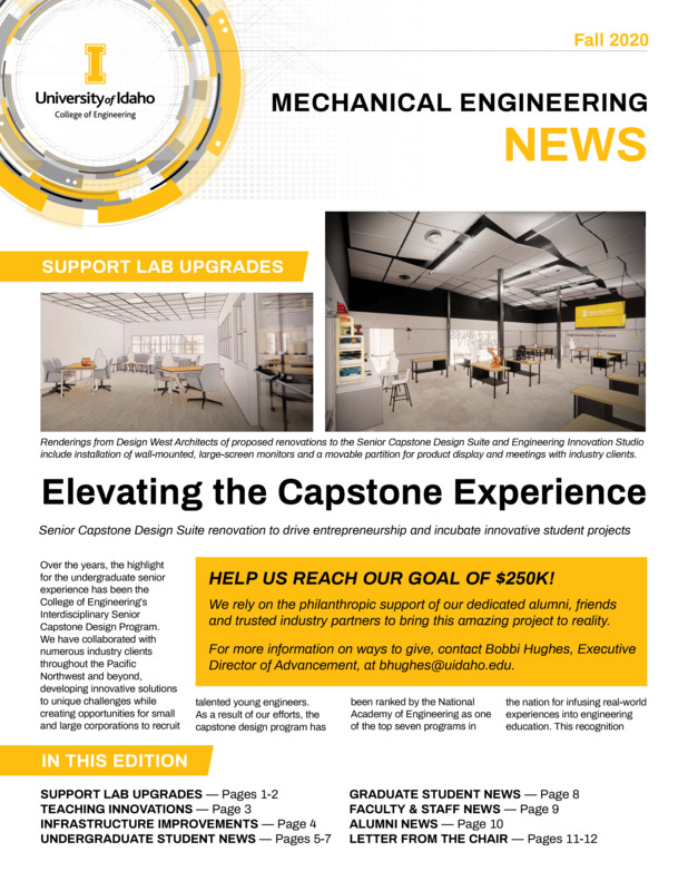 Fall 2020 newsletter from the University of Idaho College of Engineering's Department of Mechanical Engineering