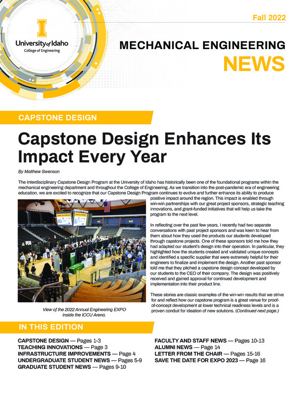 Fall 2022 newsletter from the University of Idaho College of Engineering's Department of Mechanical Engineering
