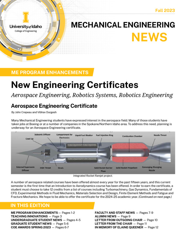 Fall 2023 newsletter from the University of Idaho College of Engineering's Department of Mechanical Engineering