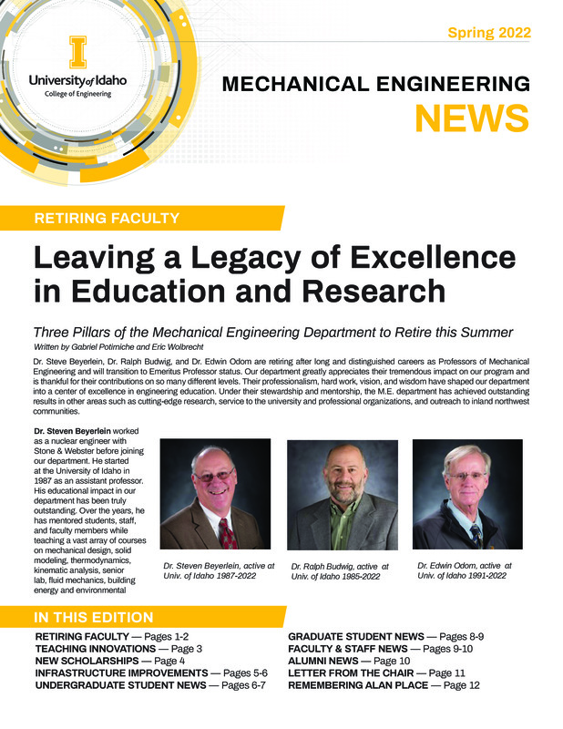 Spring 2022 newsletter from the University of Idaho College of Engineering's Department of Mechanical Engineering