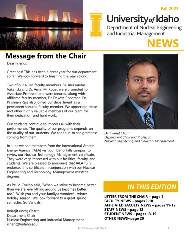 Spring 2023 newsletter from the University of Idaho College of Engineering's Department of Nuclear Engineering and Industrial Management