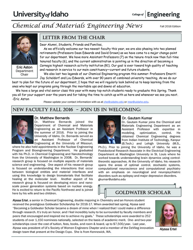 Fall 2016 newsletter from the University of Idaho College of Engineering's Department of Chemical and Materials Engineering