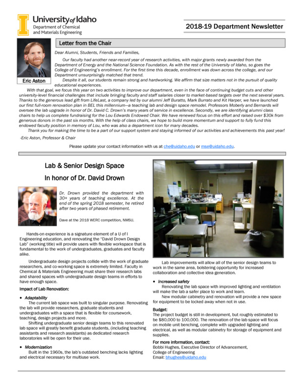 2018-2019 newsletter from the University of Idaho College of Engineering's Department of Chemical and Materials Engineering