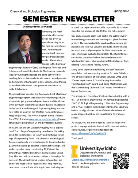 Spring 2022 newsletter from the University of Idaho College of Engineering's Department of Chemical and Biological Engineering