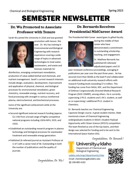 Spring 2023 newsletter from the University of Idaho College of Engineering's Department of Chemical and Biological Engineering