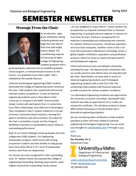 Spring 2024 newsletter from the University of Idaho College of Engineering's Department of Chemical and Biological Engineering