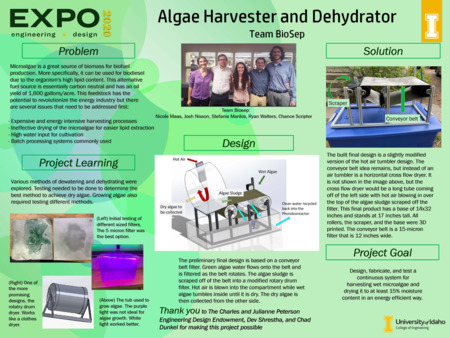 Digital poster with text blocks on a green background and images of a conveyor belt device and a metal drum.