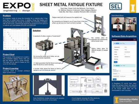 Digital poster with text blocks, images of a blocky device used to manipulate sheet metal, and engineering schematics.