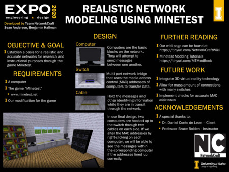 Digital poster with text blocks and images of a blocky computer game.