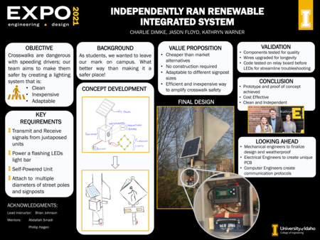 Digital poster with text blocks, photographs and schematics of a lighting system, and a photograph of a group of people.