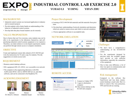 Digital poster with text blocks, images of computer programs, and photographs of an electronic device and people.