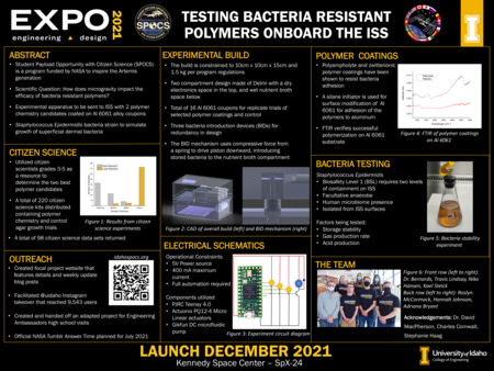 Digital poster with text blocks, data graphs, and photographs of people and a beaker with amber fluid in it.