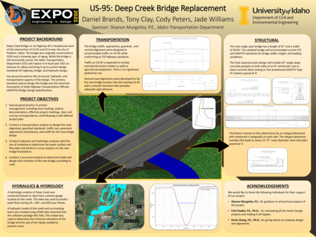 Digital poster with text blocks, a computer generated image of a bridge over a creek, and data graphs.