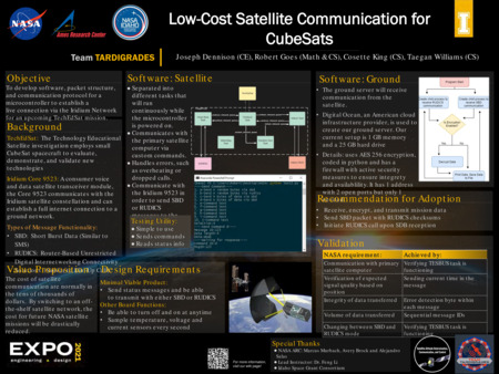 Digital poster with text blocks, engineering schematics, and a computer generated image of a satellite in orbit around the Earth.