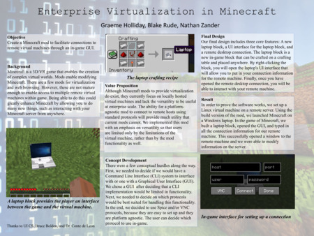 Digital poster with text blocks and imagery from a blocky computer game.
