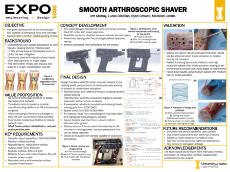 Digital poster with text blocks and images of a gun-like device and bones with holes drilled in them.