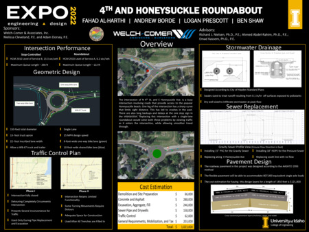 Digital poster with text blocks, engineering schematics, and aerial photographs of a traffic circle.