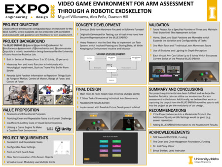 Digital poster with text blocks and images of an arm exoskeleton on a human and picking up colored balls.