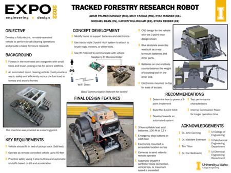 Digital poster with text blocks and images of a vehicle with tracked treads.