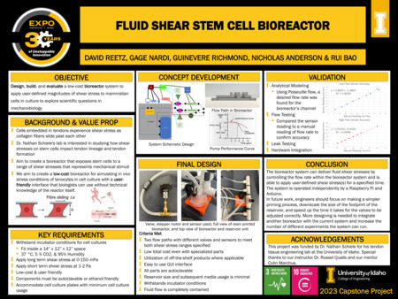 Digital poster with text blocks, engineering schematics, and images of a device composed of objects connected by thin tubes.