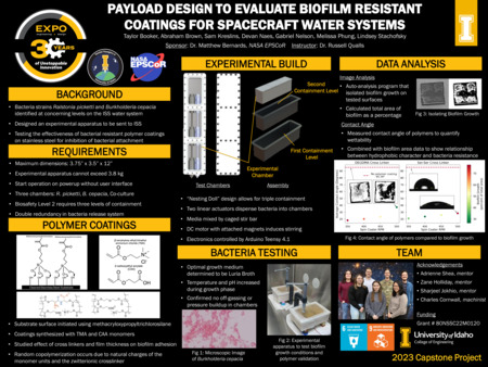 Digital poster with text blocks, engineering schematics, images of microscope slides and plastic boxes, and a photograph of a group of people.