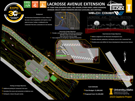 Digital poster with text blocks and drawings of a tree-lined road from above.