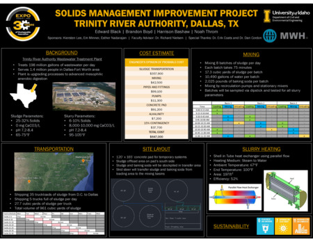 Digital poster with text blocks, data tables, and images of a river and cylinders.