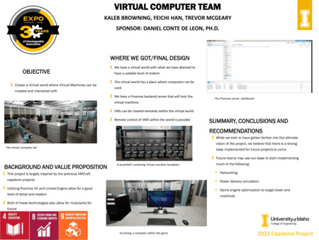 Digital poster with text blocks, a screenshot of a computer program, and computer generated images of a virtual office.