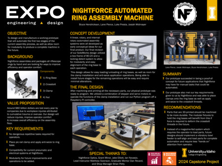 Digital poster with text blocks, images of a device consisting of a round plate within a cuboid frame, and a photograph of a group of people.