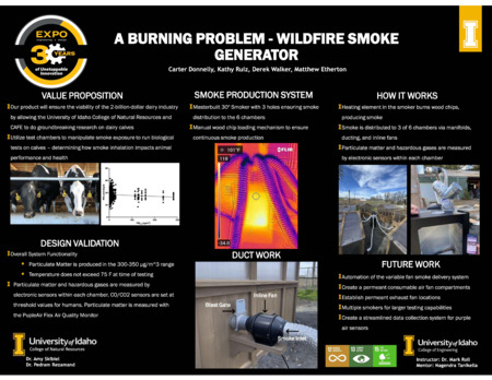 Digital poster with text blocks and photographs of a device that connects to small sheds via metal pipes.