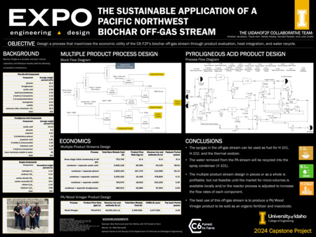 Digital poster with text blocks, engineering schematics, data tables, and a photograph of a group of people.