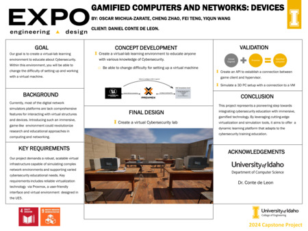 Digital poster with text blocks and a computer generated image of tables with computers on them.