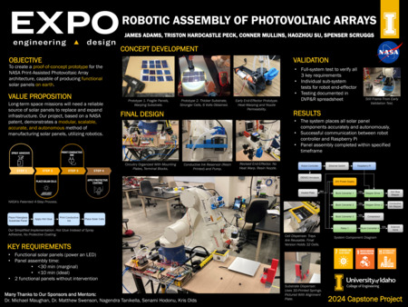 Digital poster with text blocks, engineering schematics, and photographs of various tools and objects arrayed in a laboratory environment.