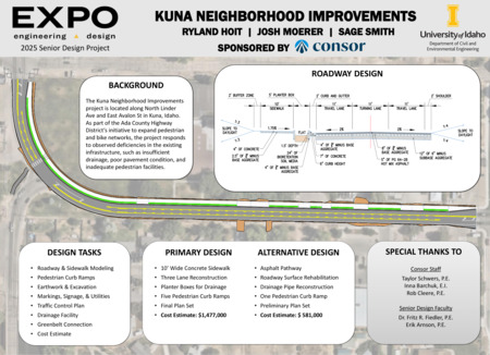 Digital poster with text blocks, a schematic of a roadway design, and a drawing of a road from above.