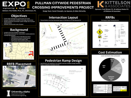 Digital poster with text blocks, maps and images of an intersection, and the architecture of components for crosswalk indicators.