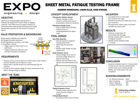 Digital poster with text blocks, engineering schematics, and images of a complex mechanical device with cylindrical rollers.