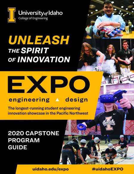 Cover page of a digital booklet with white, yellow, and black text and photographs of people interacting with different kinds of engineering projects.