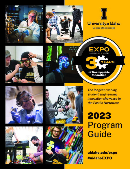 Cover page of a digital booklet with white, yellow, and black text and photographs of people interacting with different kinds of engineering projects.