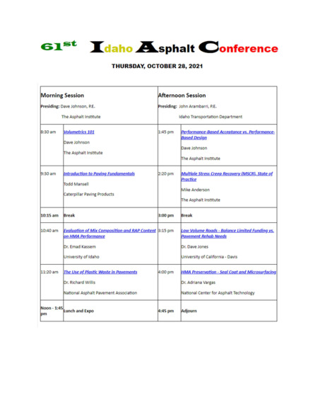Program for the 61st Annual Idaho Asphalt Conference