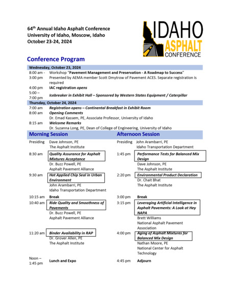 Program for the 64th Annual Idaho Asphalt Conference