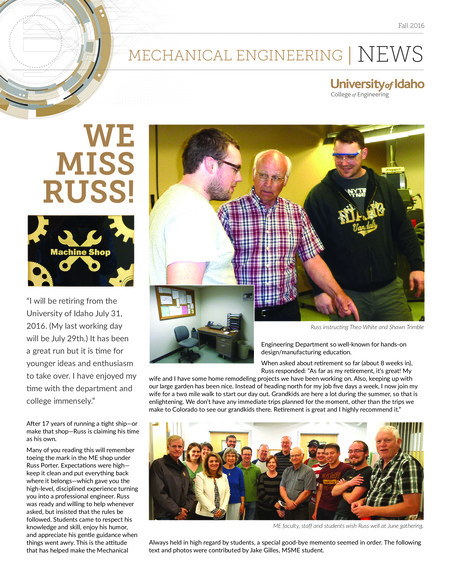 Fall 2016 newsletter from the University of Idaho College of Engineering's Department of Mechanical Engineering
