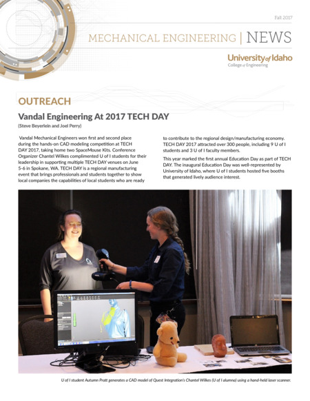 Fall 2017 newsletter from the University of Idaho College of Engineering's Department of Mechanical Engineering