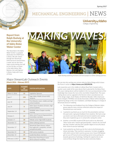 Spring 2017 newsletter from the University of Idaho College of Engineering's Department of Mechanical Engineering