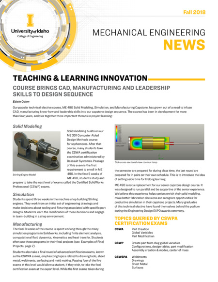 Fall 2018 newsletter from the University of Idaho College of Engineering's Department of Mechanical Engineering